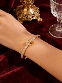 1 Pc - Creative Knotted Copper Bracelet, Combining Full Zirconia Texture With A Smooth Bracelet Body. The Knotted Design Has A Sense Of Ritual And Is Also Outstanding For Everyday Layering. - Gold - View 2