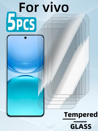 5片装钢化玻璃屏幕保护膜，兼容vivo手机，高清高硬度，全屏覆盖，防刮花，防指纹，防油污，防摔，易于安装，无白边，无气泡，兼容手机壳