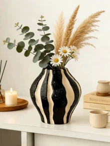 1 Bình gốm họa tiết sọc đen trắng phong cách Bohemian kèm hoa tươi - Bình hoa nhỏ hiện đại thích hợp cắm cỏ lau, trang trí nhà cửa cho phòng khách, bàn cà phê hoặc kệ sách, quà tặng, trang trí phòng khách | Bình phong cách Bohemian | Bình có vân sọc, bình trang trí - Nhiều màu - Xem 7