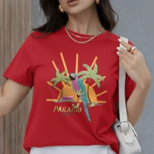 Camiseta Feminina Premium 100% Algodão Estilosa Confortável Moderna Modelo: Paraiso Tropical - Novidade e Promoção Especial Exclusiva - Vermelho - Visão 1
