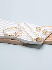 4pcs Jewelry Set: 1 Pair Earrings, 1 Necklace, 1 Bracelet, Elegant Women's Vintage Faux Pearl Necklace And Earrings Set, Exquisite Design, Suitable For Banquet, Daily Wear, Gifts For Festivals - Multicolor - View 5