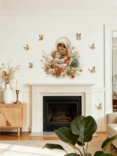 1 Piece Of Easter Virgin Mary And Baby Jesus Floral Wall Sticker, Removable Wall Decal, Suitable For Bedroom And Living Room. Easter Virgin Mary Wall Sticker, Angel With Wings Wall Sticker, Cozy Home Decor Sticker, Bedside And Living Room Background Decorative Wall Sticker, Made Of PVC Material, Waterproof, Oil-Proof, And Stain-Proof Wall Sticker, Suitable For DIY Home Decoration In Kitchen, Bathroom, Living Room, Bedroom, Fireplace, And Other Spaces.