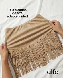 Conjunto de Gamuza con Flecos para Mujer, Set de Top Crop y Falda Corta Estilo Vaquero Western Cowboy Boho Chic, Outfit de Verano y Primavera para Festival,  Vacaciones, Fiesta Casual y Looks Trendy - Beis - Ver 4