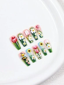 24pcs Spring And Summer Pink Tulips Press On Fake Nails , Cute Bees Nail Set Perfect For Everyday Wear - Multicolor - View 4
