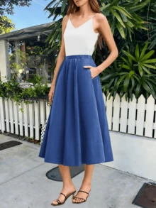 Womens Boho High Waist A-Line Midi Skirt Casual Flowy Pleated Swing Long Skirt With Pockets Summer Fashion Outfit - 藍色 - 查看 3