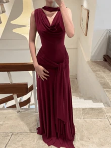Elegant Long Cocktail Dress, Knot Design Flared Dress Dress, Suitable For Ladies Attending Parties Wedding Party - Burgundy - View 5