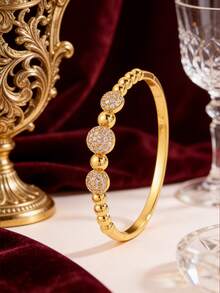 1pc 18K Gold Plated Copper Zirconia Bracelet (Women's Style), Elegant Gold-Trimmed Rhinestone Bracelet, Luxurious Eye-Catching Jewelry, Suitable For Daily Wear, Party, Date, Wedding And As A Gift - Gold - View 2