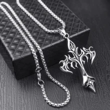 Crucifix Necklace, Flame Cross, Punk Gothic Christian, Alternative Rock, Stainless Steel - 銀色 - 查看 1