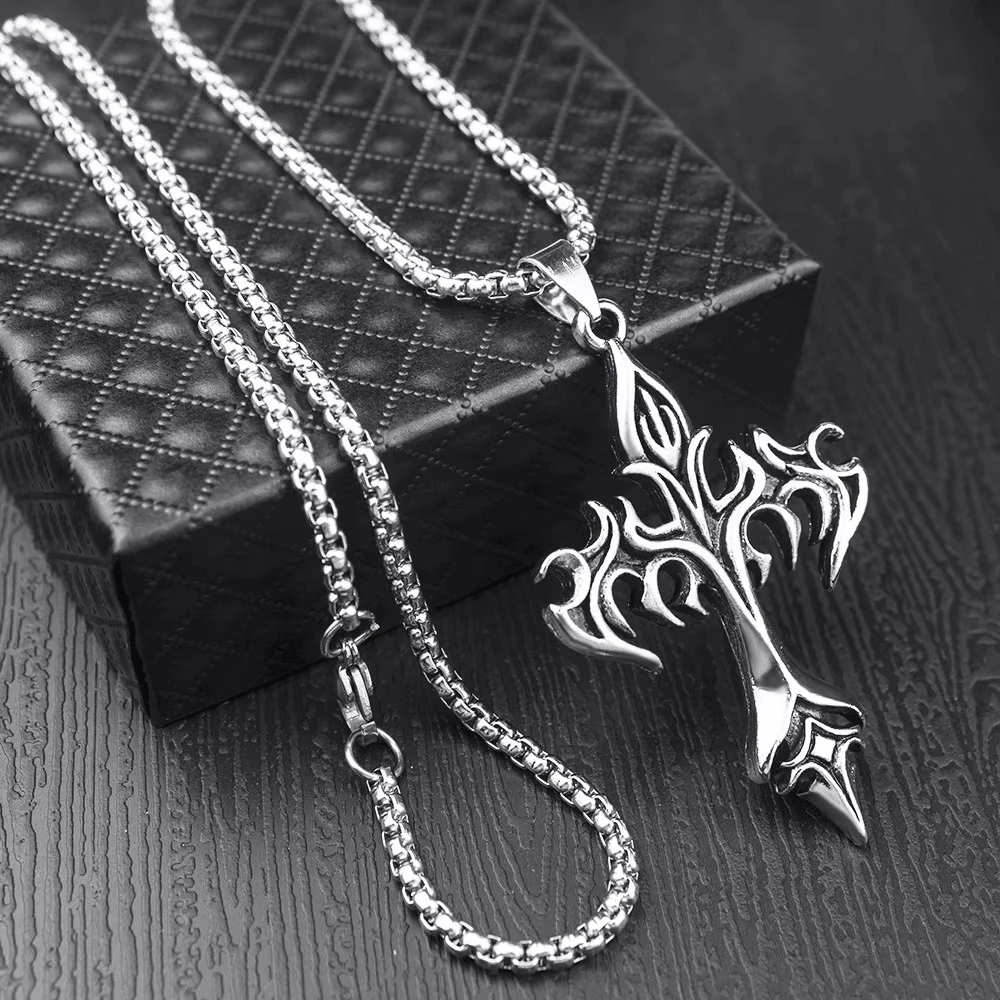 Crucifix Necklace, Flame Cross, Punk Gothic Christian, Alternative Rock, Stainless Steel - 銀色 - 查看 1