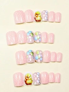 24片复活节可爱黄色小鸡按压式假指甲，粉色美甲套装，适合日常佩戴 - 彩色 - 查看 2