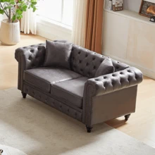 63.5 Inch Mid Century Modern Chesterfield Sofa Couch For Living Room, Upholstered Button Tufted PU Leather Loveseat Sofa W/Nailhead Trim&Roll Armrest, Comfy Deep Seat Sofas Couch For Bedroom, Office - 灰色 - 查看 3