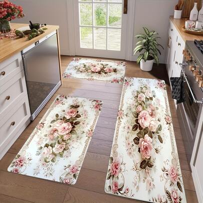 1pc Spring/Summer Pink Floral Welcome Kitchen Decor, Machine Washable Kitchen/Bathroom Mat Set, Suitable For Bedroom, Kitchen, Living Room, Bathroom, Entryway, Versatile Seasonal Decoration