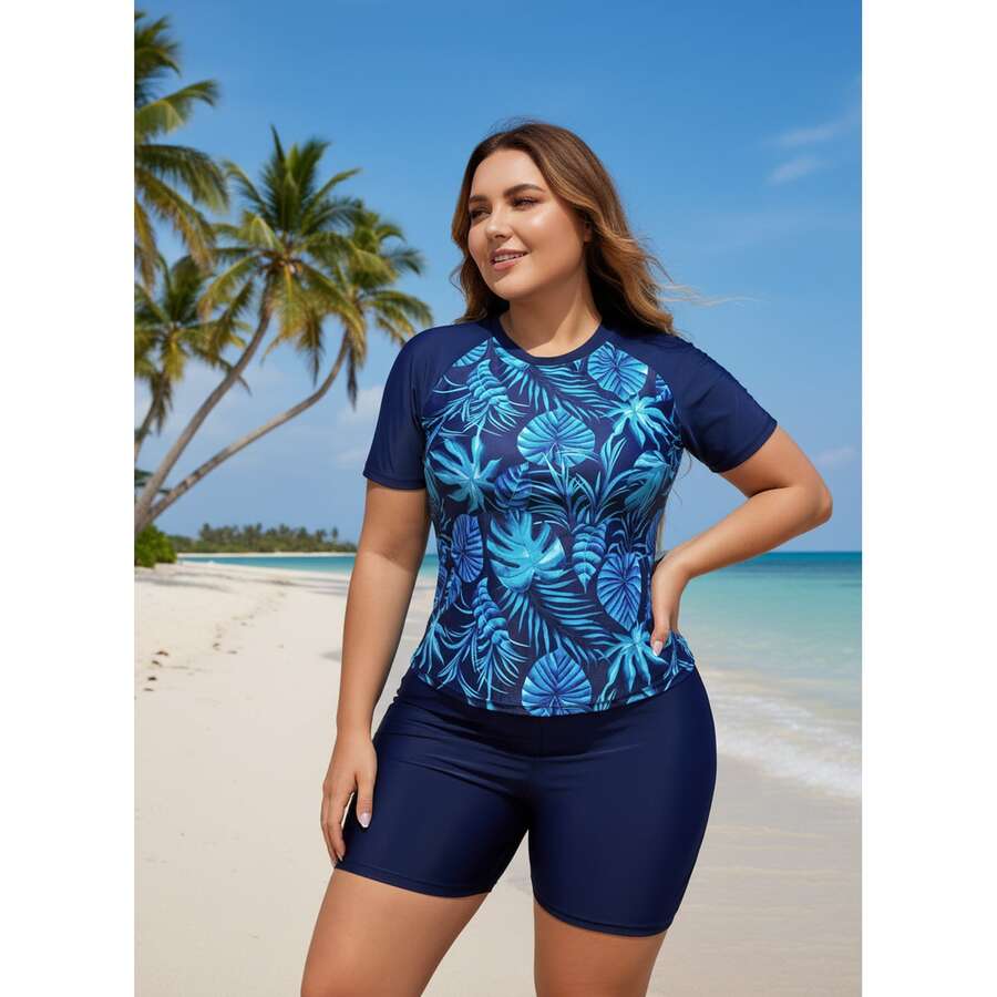 Tankini Swimsuit For Women Plus Size - Sky Blue & Dark Blue Contrast Wide Strap Top - Modest Bathing Suit For Swimming, Beach, Vacation - Comfortable & Supportive Two Piece - 多色333 - 查看 1