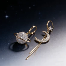 Asymmetrical Planet & Moon Earrings - Long Sparkling Tassel With Synthetic Zirconia, Nickel-Free Alloy Hypoallergenic Jewelry, Elegant Daily Wear Gift For Wome - Vàng - Xem 4