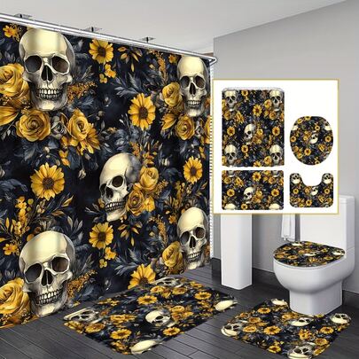 4pcs/Set Vintage Halloween Sunflower Skull Shower Curtain Set, Retro Folk Art Style Skull & Sunflower Pattern Bathroom Set, High Quality Shower Curtain With 12 Hooks, Bath Mat, Toilet Seat Cover And U-Shaped Mat