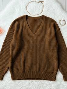 Women's Plus Size Knit Blouse With V-Neck, Long Sleeve, Basic Winter/Cold Weather, Casual Knit - Lạc đà - Xem 3