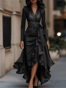 Women's Black Satin V Neck Maxi Dress Tie Waist Ruffle Irregular Hem Elegant Gown - màu đen - Xem 1