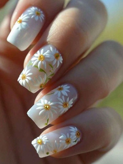 24pcs Spring Summer White Chrysanthemum Press On Fake Nails , Nail Set Perfect For Everyday Wear