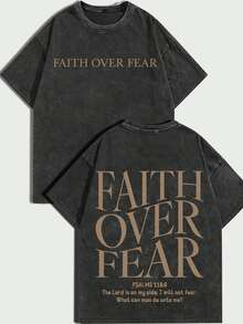 100% Cotton, Faith Over Fear, Front And Back Prints, Bible Verses Distressed Vintage Style, Religious Style, Y2k, Gothic Style, Distressed Men's T-Shirt, Personalization For All Seasons, Comfortable And Street Style - Black - View 1