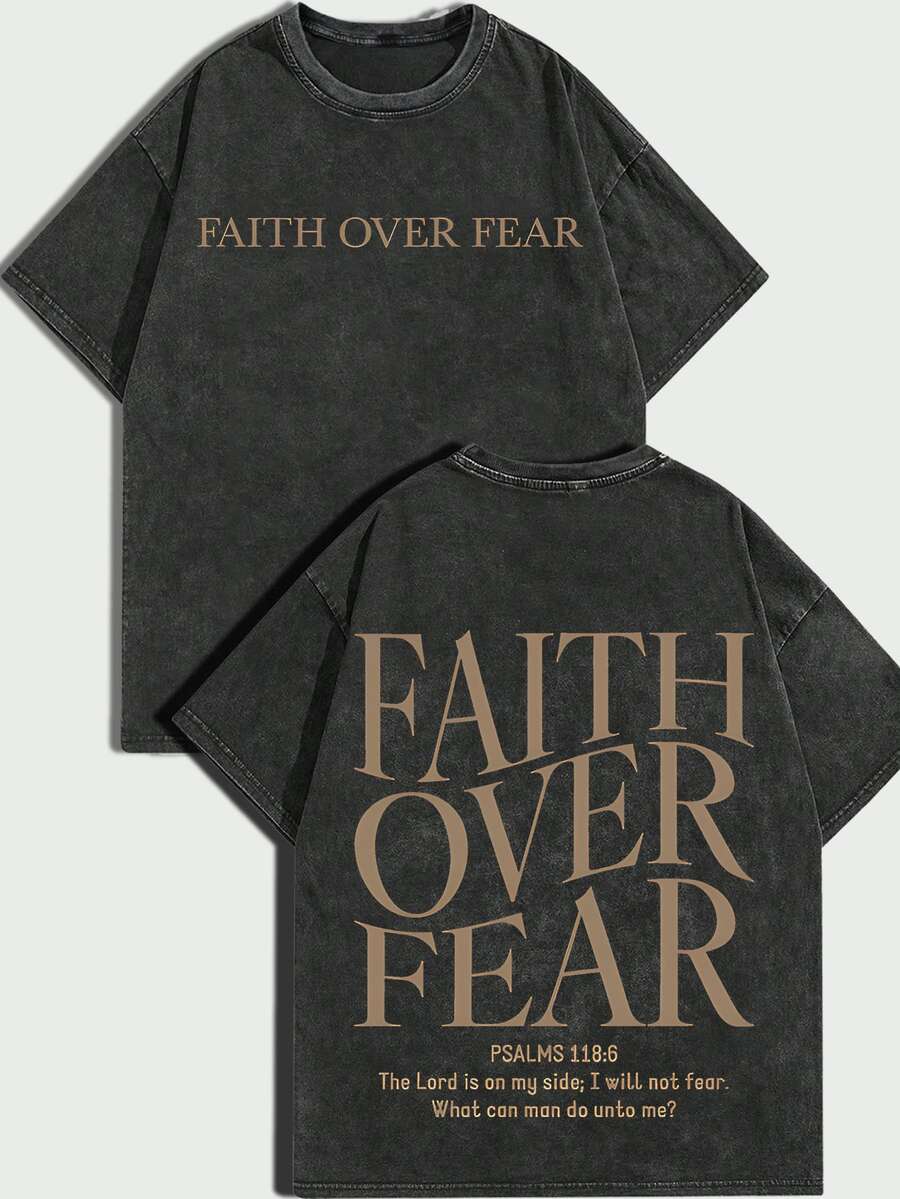 100% Cotton, Faith Over Fear, Front And Back Prints, Bible Verses Distressed Vintage Style, Religious Style, Y2k, Gothic Style, Distressed Men's T-Shirt, Personalization For All Seasons, Comfortable And Street Style - Black - View 1