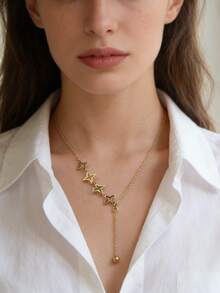 VceTd 1件简约浪漫风格不锈钢Y型项链，镂空星形吊坠设计，适合女性日常生活、通勤、节日、派对、下午茶、晚餐、音乐节等场合佩戴，或作为礼物送给爱人。 - 金黃色 - 查看 4