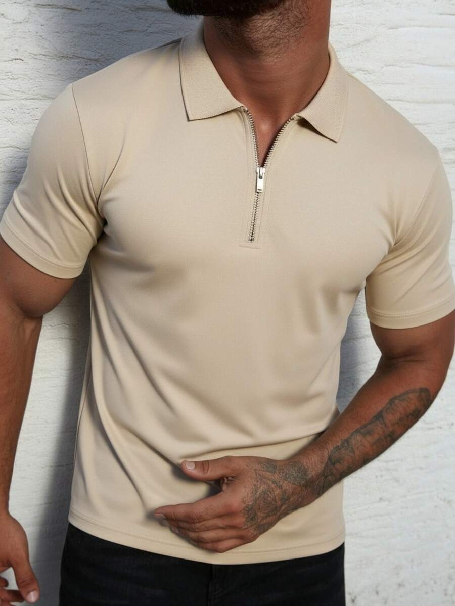 Áo thun nam tay ngắn đơn giản cổ điển có khóa kéo, thích hợp cho mùa hè.