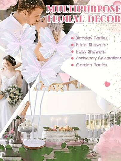 Bộ bướm nhân tạo khổng lồ 20 inch, hoa bướm lưới thủ công với cánh có thể điều chỉnh độ cong, màu tím, hồng và trắng rực rỡ - Nhẹ và bền, thích hợp cho đám cưới, tiệc tùng, sân vườn, phông nền chụp ảnh.