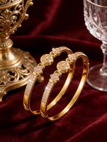 Camhanno 1 pièce - Bracelet en cuivre incrusté de fleurs en zircone. La texture complète en zircone est associée à un anneau circulaire dynamique, dégageant un sentiment de luxe et en faisant une touche de finition parfaite pour les tenues de tous les jours. - Doré - Voir 2