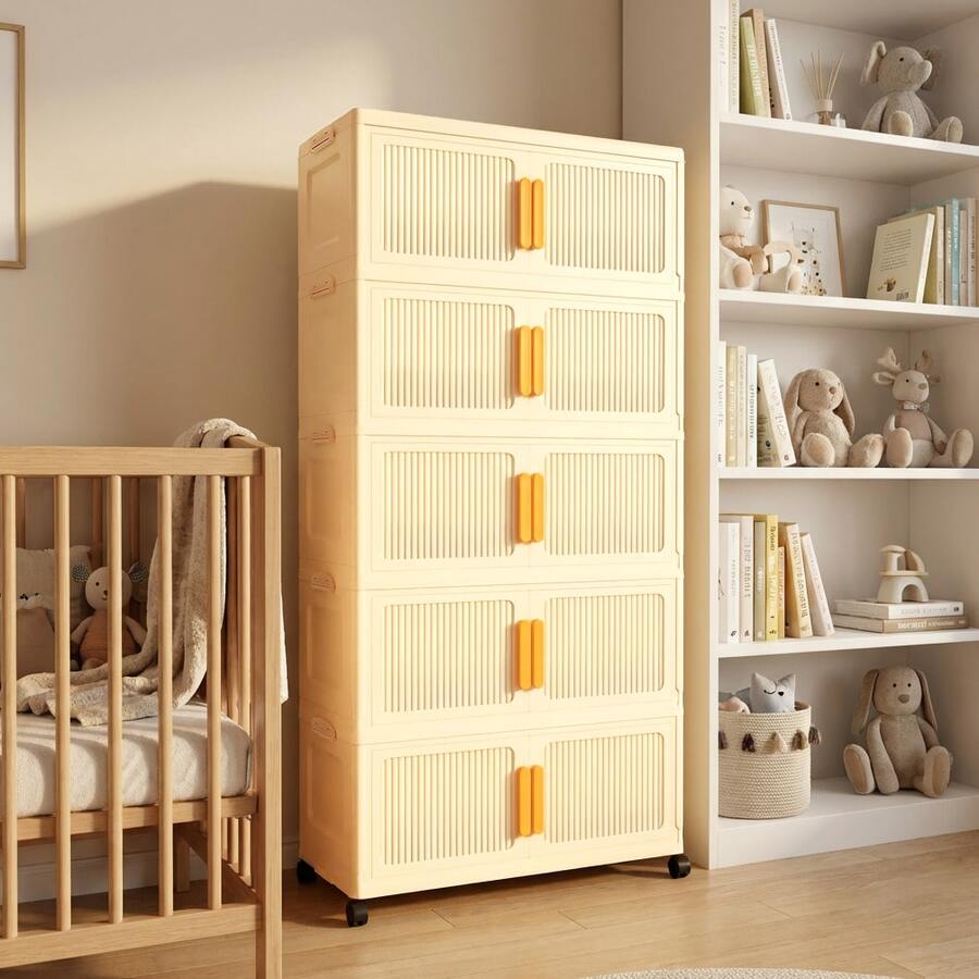 Foldable 2/3/4/5-Tier Storage Cabinet With Wheels | No-Assembly Dustproof Organizer | Large Capacity For Bedroom/Living Room