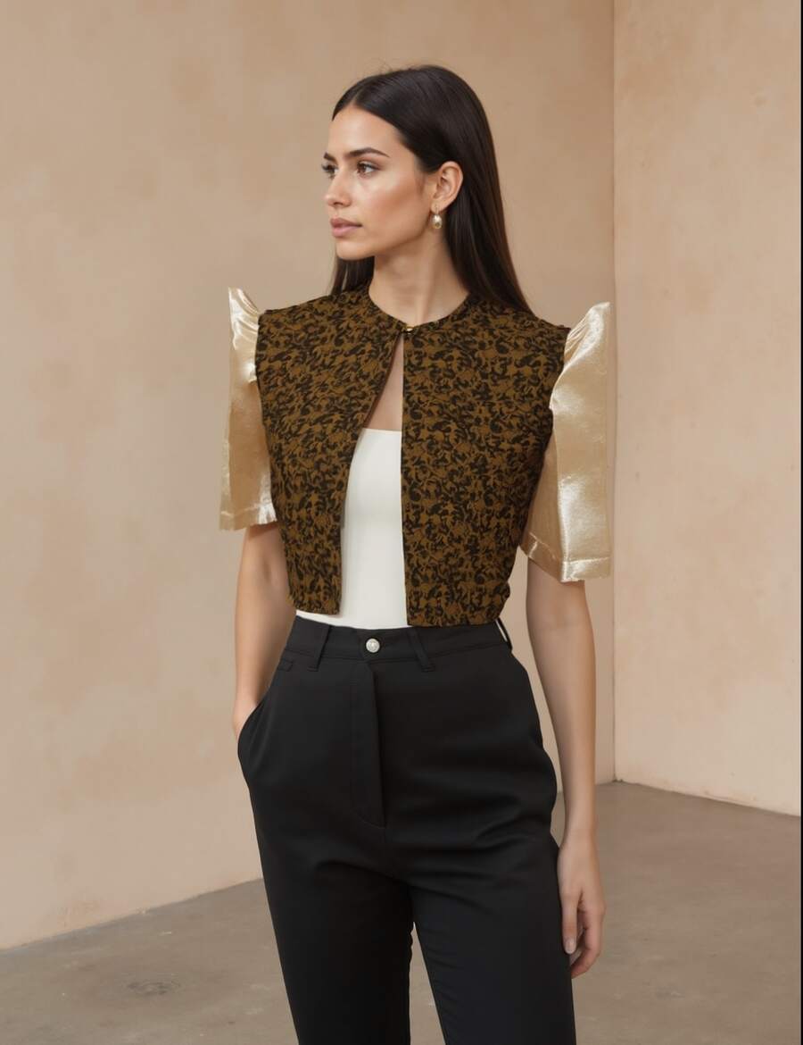 Emile Floral Print Ruffle Trim Short Sleeve Women Cardigan, Spring/Summer - Brown - View 1