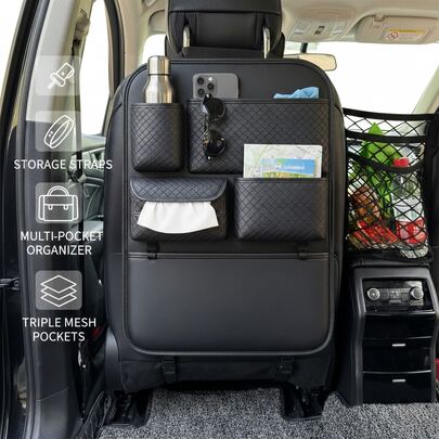 Multi-Functional PU Leather Car Seat Back Storage Bag + Multi-Layer Seat Crevice Net Pocket | Anti-Kick Hanging Bag | Multi-Pocket Storage | Convenient Car Organizer Net | Large Capacity Car Storage Bag | Universal Model | Tidy And Organized Choice