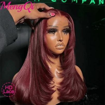 Burgundy Color Straight Lace Front Wigs Human Hair 13x4 Lace Frontal Wigs 200 Density 99J Unprocessed Brazilian Straight Virgin Human Blended Hair Wigs Pre Plucked With Baby Hair For Women 26 Inch