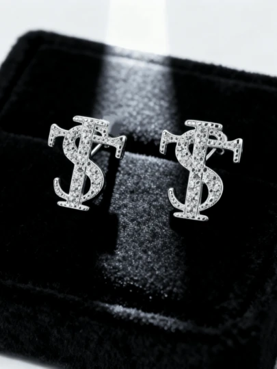 1 Pair STK Letter Stud Earrings, Rhinestone Accented, Retro Hip-Hop Style, Unisex Fashion Accessory Set