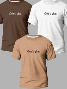 Kit Of 3 (Three) Men's God Is Plan T-Shirts, 100% Cotton, New Release, Various Colors - 白色,棕色和米色 - 查看 1