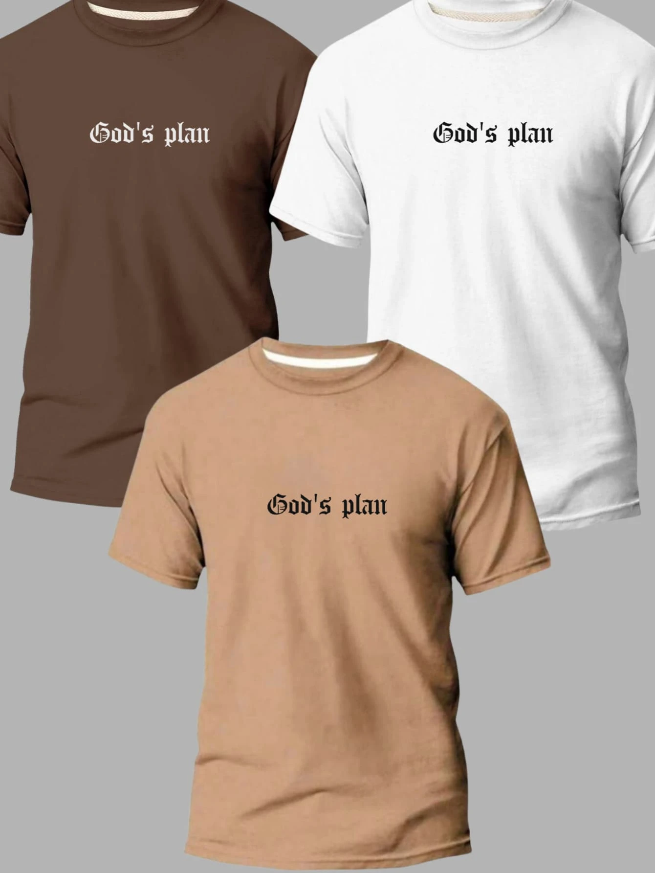 Kit Of 3 (Three) Men's God Is Plan T-Shirts, 100% Cotton, New Release, Various Colors - 白色,棕色和米色 - 查看 1