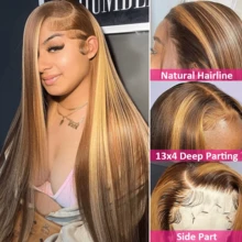 13x4 高光渐变蕾丝前额假发，高清隐形蕾丝，5*5 蕾丝前额假发，200% 密度真人混纺发，预先拔毛漂白发结，直发混纺真人发假发，女士款，28 英寸 #4/27 预拔毛高清蕾丝前额假发，带婴儿发。 - S4/27 - 查看 4