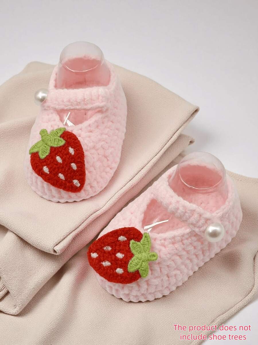 1 par de zapatos de satén blanco con bordado de fresa y decoración de perlas para bebés/niñas pequeñas - Rosa - Ver 1