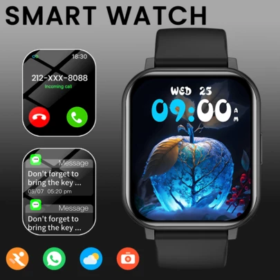 NcmRyu 1.83英寸全触控高清智能手表，男女皆宜，支持无线通话、信息提醒、闹钟、多种运动模式、遥控拍照、音乐播放等功能，兼容安卓智能手机，是新年、情人节、复活节、母亲节、父亲节、万圣节、感恩节、圣诞节等节日的理想礼物之选。