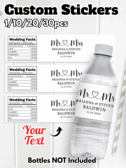 Personalized Text Water Bottle Paper Labels Stickers - Customizable Black & White 2 Styles For Weddings Birthdays Baby Showers Corporate Events Holiday Gatherings, Available In 1/10/20/30pcs Multi-Pack Options, Perfect For Party Favors Out-Of-Town Guest Gifts Bridal Shower Souvenirs Graduation Supplies Birthday Goodie Bags
