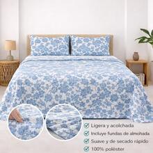 Kynley 夏季及換季床罩，100% 聚酯材質，輕薄柔軟，白色，搭配 45x70 公分枕套 - 藍色花朵 - 查看 2