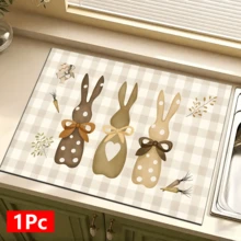 1pc Rabbit Plaid Pattern Printed Dish Drying Mat, Home Decor, Easter Gift, Easter Decoration, Espresso Machine Countertop Absorbent Mat, Sink Drain Mat, Soft Faucet Absorbent Mat, Sink Cup Mat, Kitchen & Bathroom Accessories - Multicolor - View 14