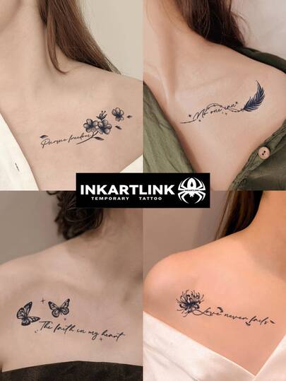  2pcs INKARTLINK Floral & Feather Lettering Collar Bone Temporary Tattoos, Waterproof Body Art Tattoos, 1-2 Weeks Lasting, Botanical & Juice Tattoos, Ideal Valentine's Day Gift, Autumn/Winter Body Decoration, Popular Among Women & Trendsetters