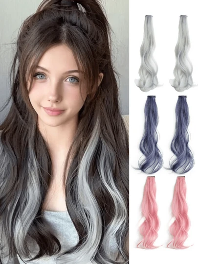 20-Inch Colorful Clip-In Hair Extensions 2pcs Set, Colorful Earloop Hair Extensions All-In-One Clip-In Style, Suitable For Girls Daily Wear And Party Princess Hairstyle Accessories