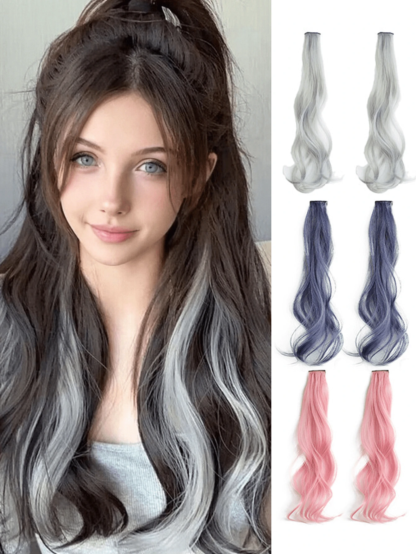 20英寸彩色夹式接发片2件套，彩色耳挂式接发片，一体式夹子设计，适合女孩日常佩戴和派对公主发型配饰