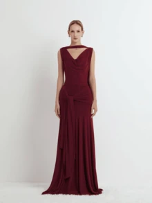 Elegant Long Cocktail Dress, Knot Design Flared Dress Dress, Suitable For Ladies Attending Parties Wedding Party - Burgundy - View 1