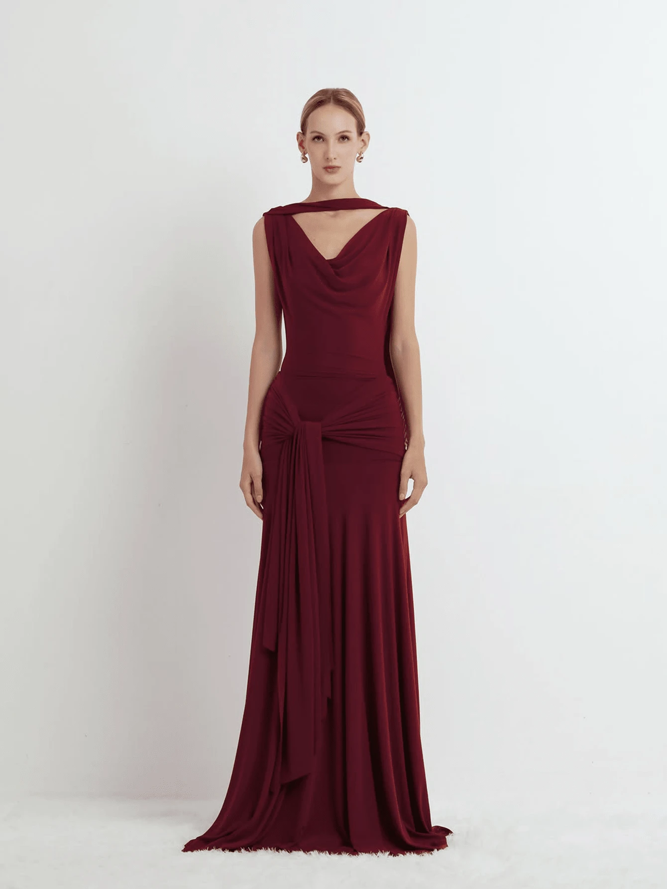 Elegant Long Cocktail Dress, Knot Design Flared Dress Dress, Suitable For Ladies Attending Parties Wedding Party - Burgundy - View 1