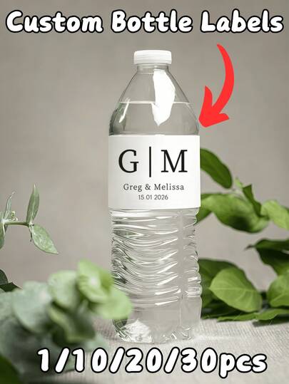 Personalized Text Water Bottle Labels Stickers - Customizable Waterproof Adhesive Decals With Custom Text Design For Weddings Birthdays Baby Showers Corporate Events Holiday Gatherings Graduation Ceremonies Bridal Showers Gender Reveal Parties Anniversary Celebrations, Available In 1/10/20/30pcs Multi-Pack Options, Perfect For Party Favors Out-Of-Town Guest Welcome Gifts Bridal Shower Souvenirs Graduation Supplies Birthday Goodie Bags