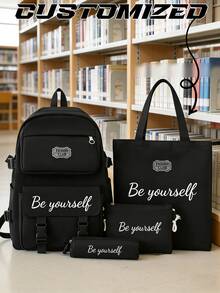 四件套，定制背包、手提包、手拿包、铅笔袋、单肩包、收纳包，一套定制，时尚简约，适合学校、大学、高中、初中、小学，大容量，可折叠，多口袋，可定制姓名，DIY礼物，开学季、毕业季，女包、男包，同款，适合旅行，旅行必备，包包，背包 - 黑色 - 查看 6