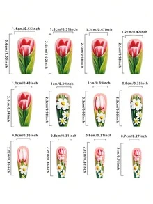 24pcs Spring And Summer Pink Tulips Press On Fake Nails , Cute Bees Nail Set Perfect For Everyday Wear - Multicolor - View 5