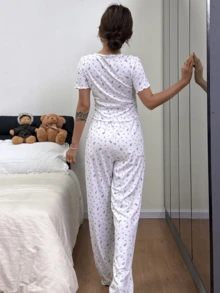 Dreamivo 2pcs Floral Print V-Neck Decorated Short Sleeve Top And Pants Pajama Set - White - View 2